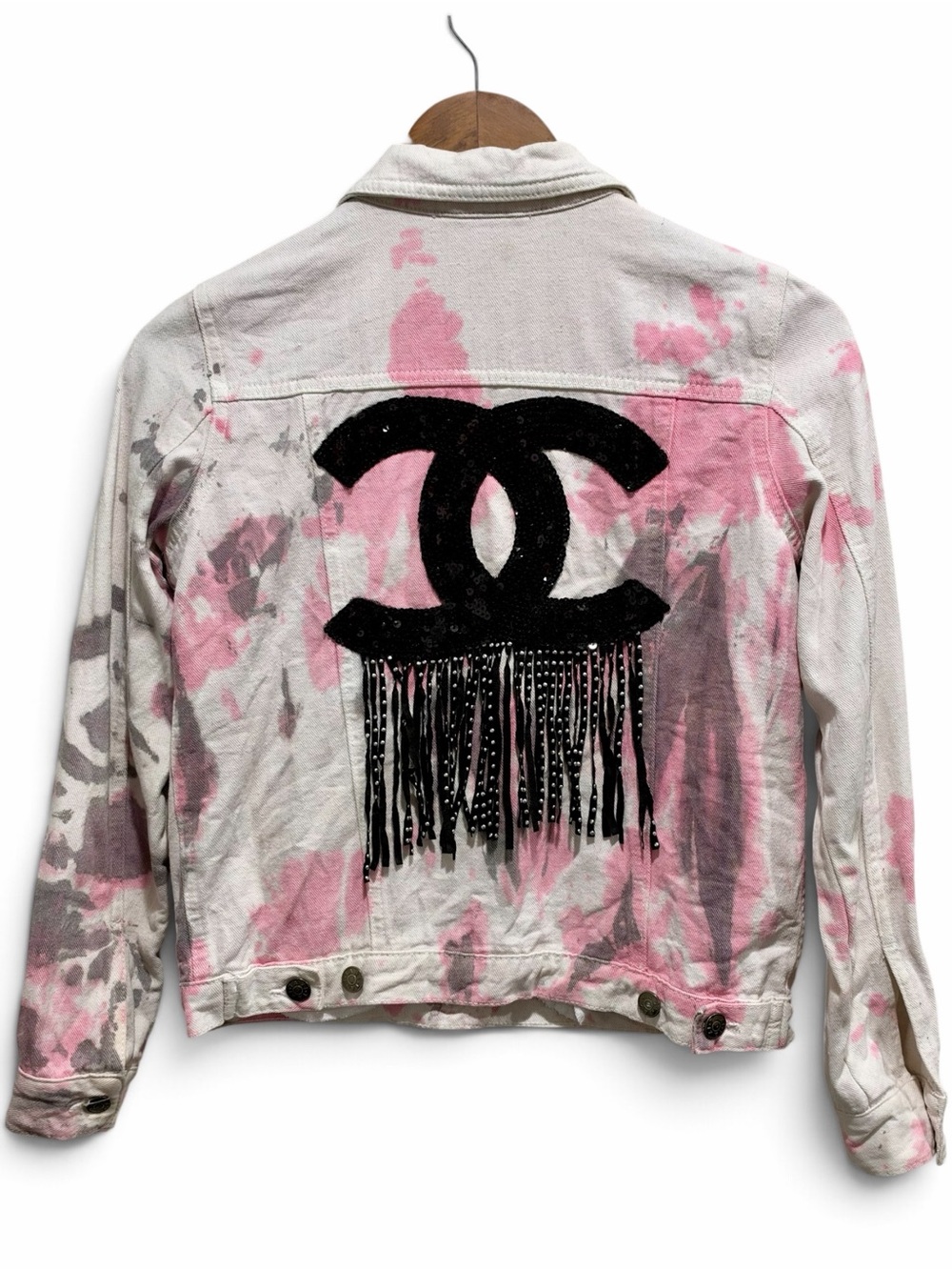 Pink Splatter Sequin Fringe Embellished Denim Jacket S Styled By Coco